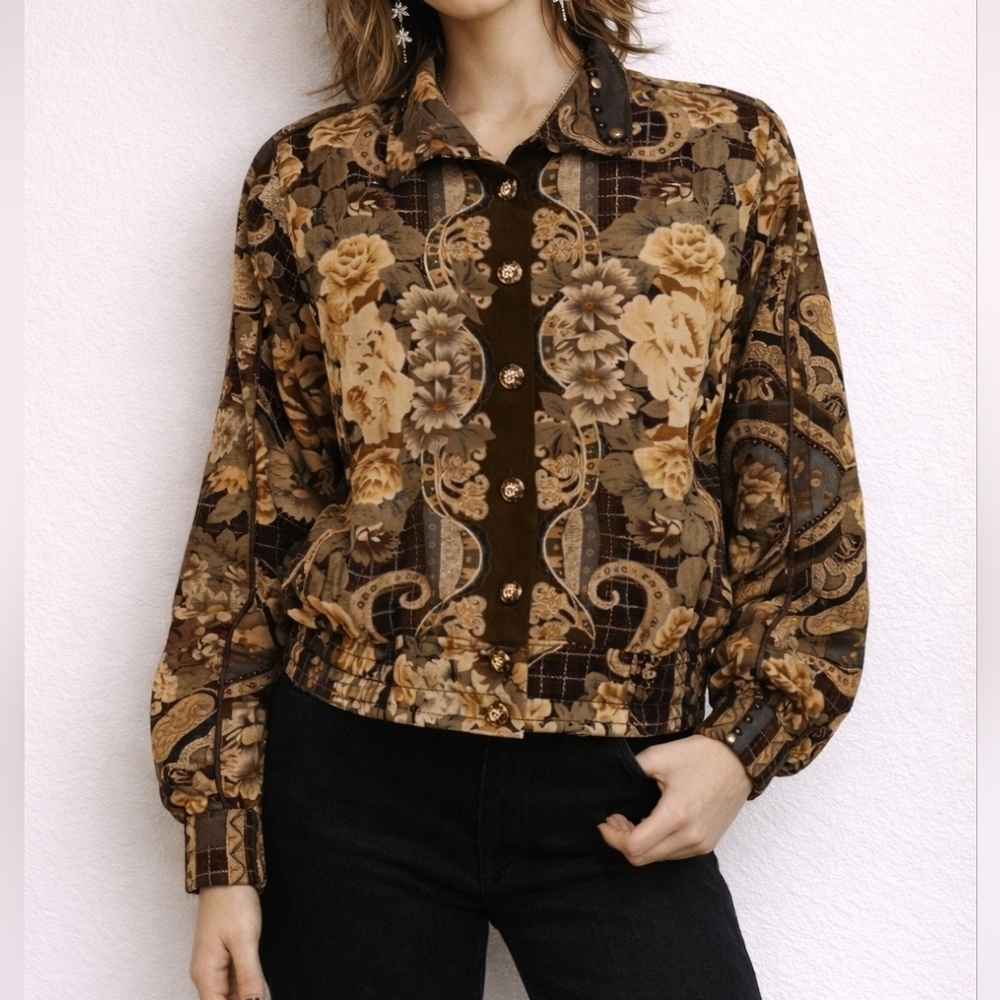 VTG HOWARD WOLF 1980s Designer Brown Floral Plaid Bomber Jacket